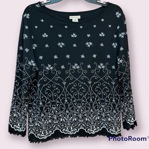 Apostrophe 3/4 sleeve floral blouse Black with white pattern & lettuce hem/cuff